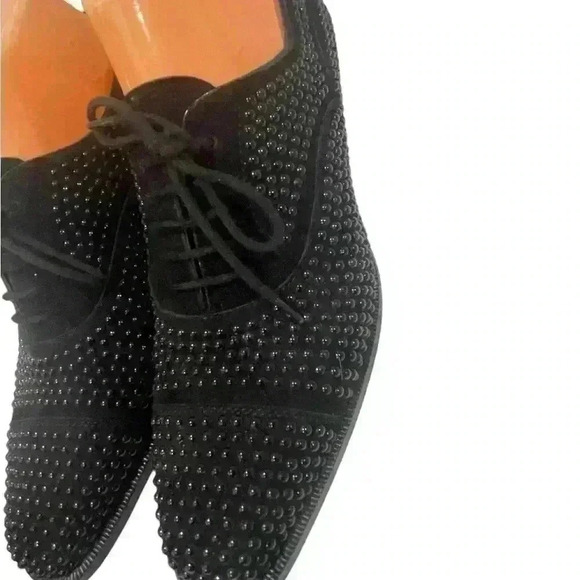 Manolo Blahnik Women’s Oxford Perlita Black Suede Studded Lace Up Sz 37.5/ 7.5 - Picture 6 of 14